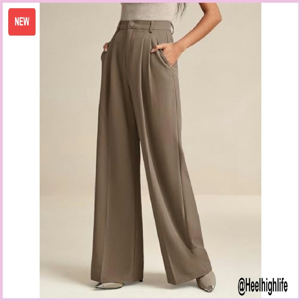 Women's Wide Leg Dress Pants High Waist Elastic Back Flowy Trousers - Picture 3 of 8